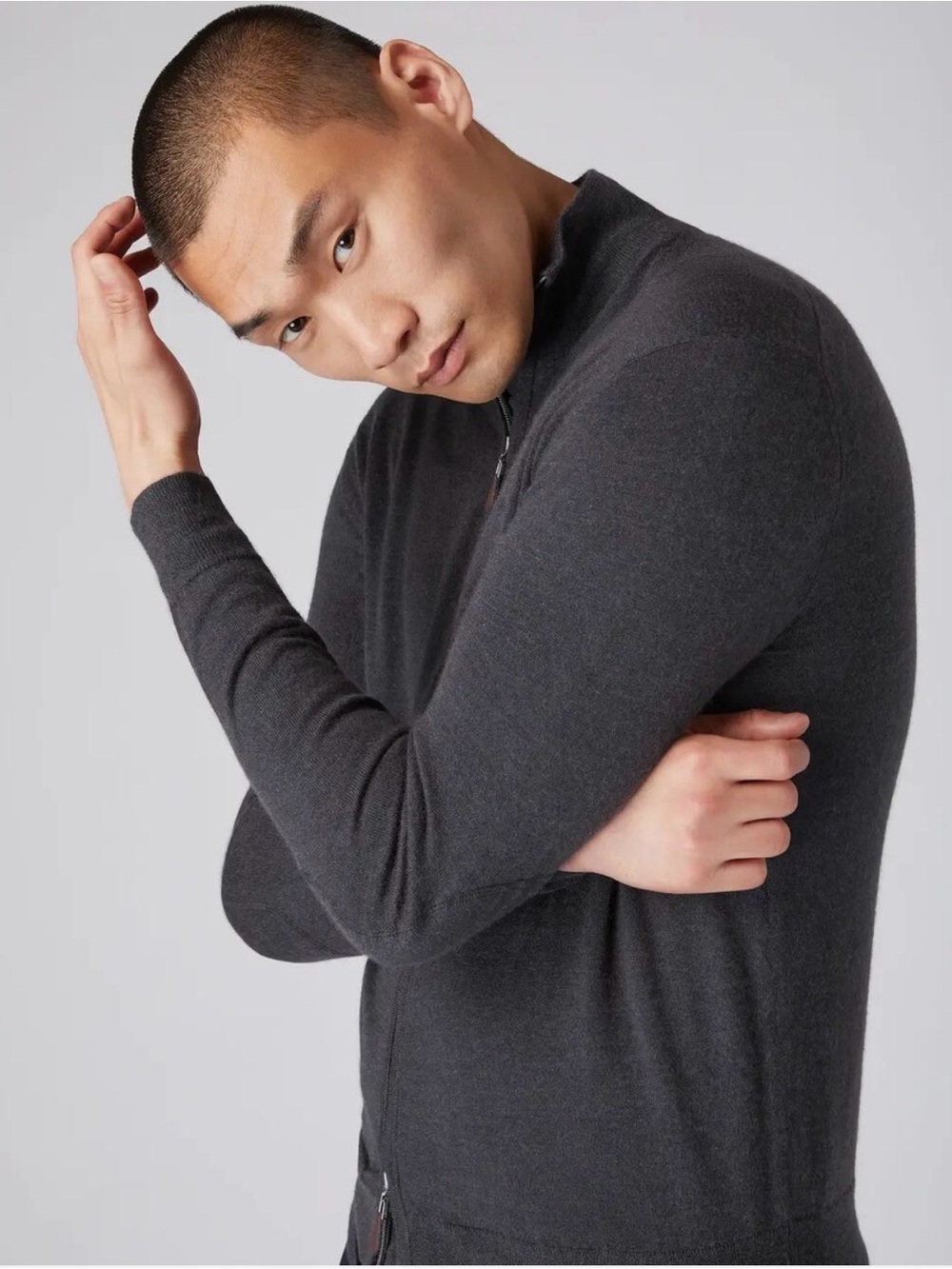 N. Peal Men's Full-Zip Knit Cashmere Jumper in Charcoal - Picture 2 of 9